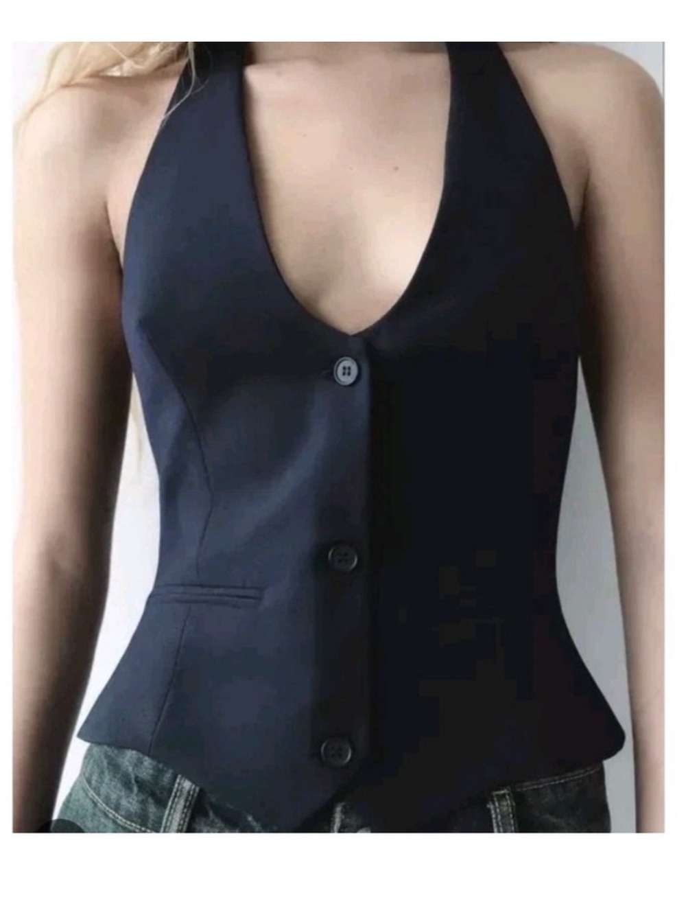 Zara Navy Halter Button-Front Vest Halter Top NWT